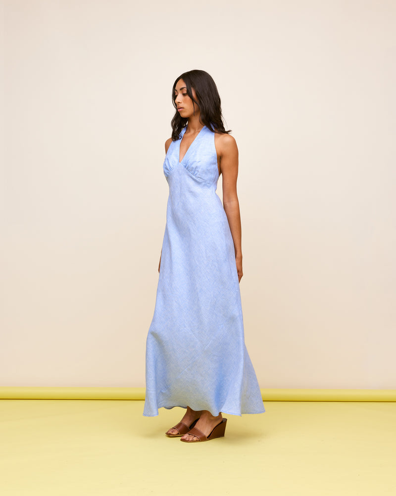 AVA LINEN HALTER DRESS BLUE MARLE | Bias cut maxi halter dress cut in a crisp blue linen. It's all in the details with this one, a long wide tie, bust shaping and backless shape make this the...