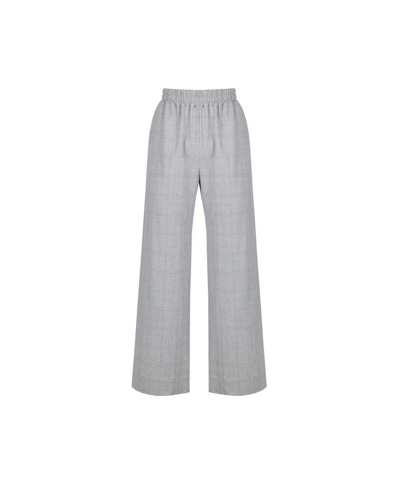 ALEXIA PANT GREY CHECK | Highwaisted wide leg pant cut in a grey check fabric. These pants feature an elasticated waist band which gives them a casual cool look.