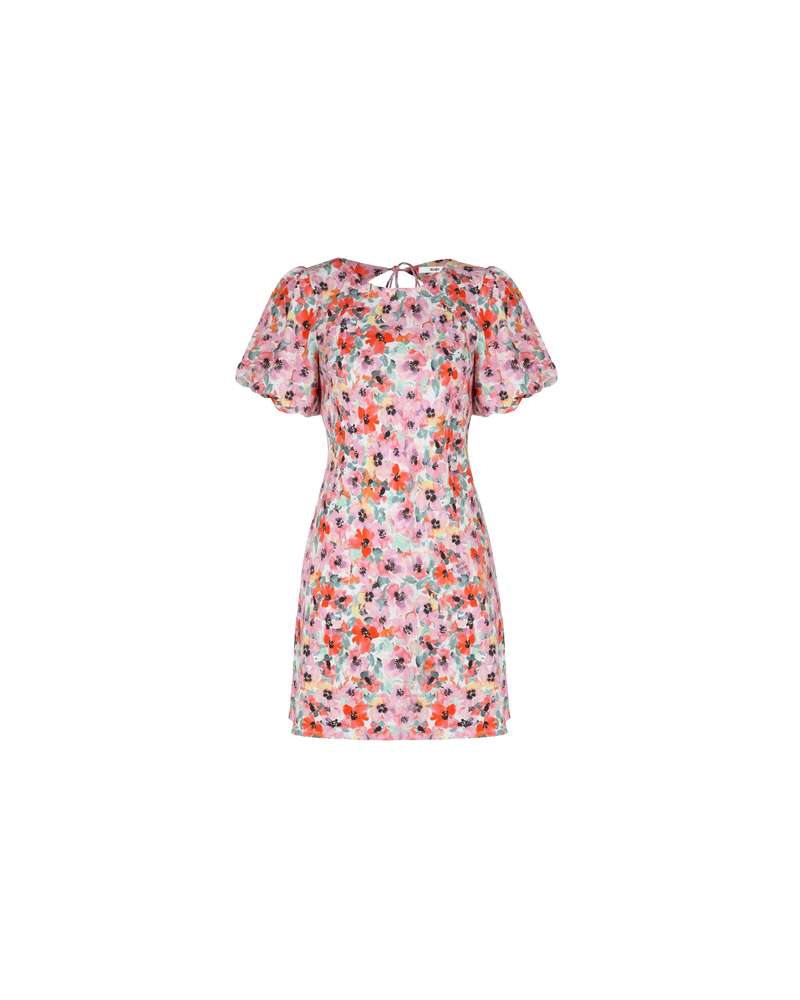 ALLEGRA LINEN MINIDRESS PANSY FLORAL | Bias cut linen mini dress with puff sleeves and a keyhole with tie closure at the back neck designed in our RUBY pansy floral. The bias silhouette of this dress...