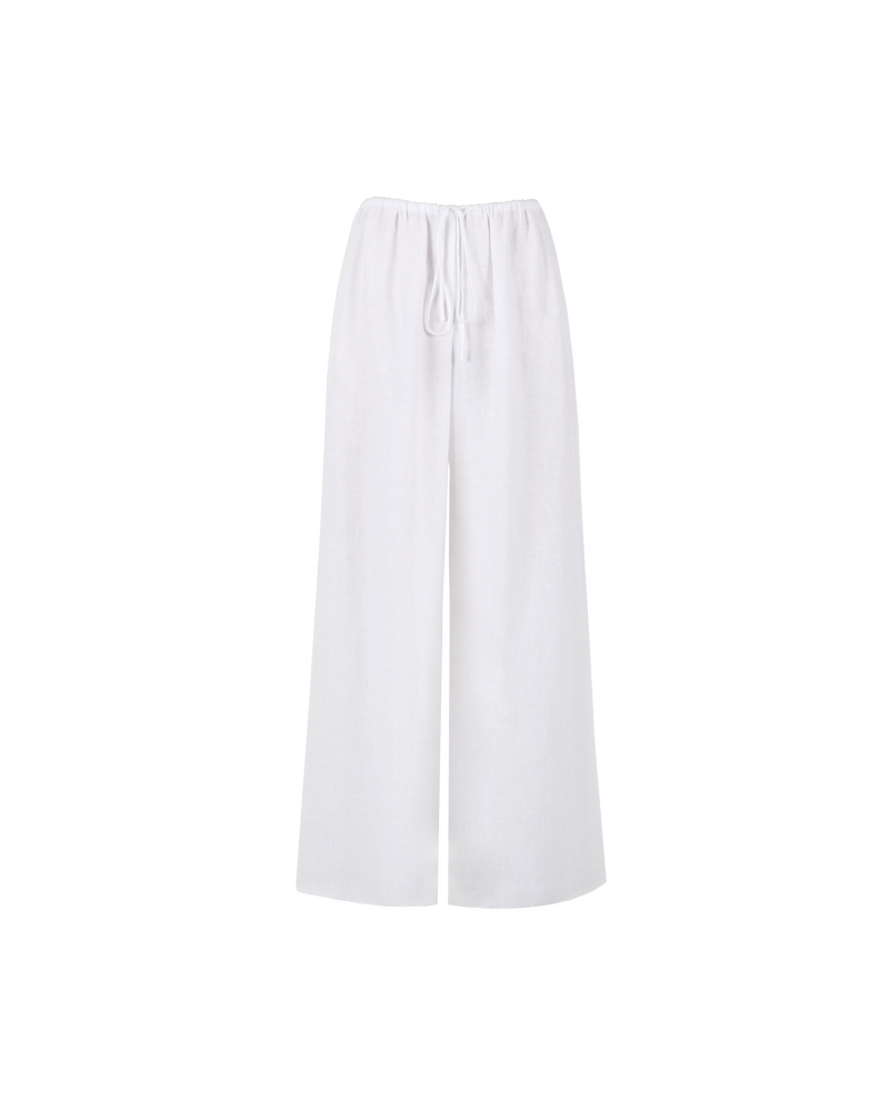ANDIE LINEN PANT WHITE | Palazzo style elastic waist pants with a tie, in a light weight linen. These pants are high waisted, uncomplicated and classically cool.