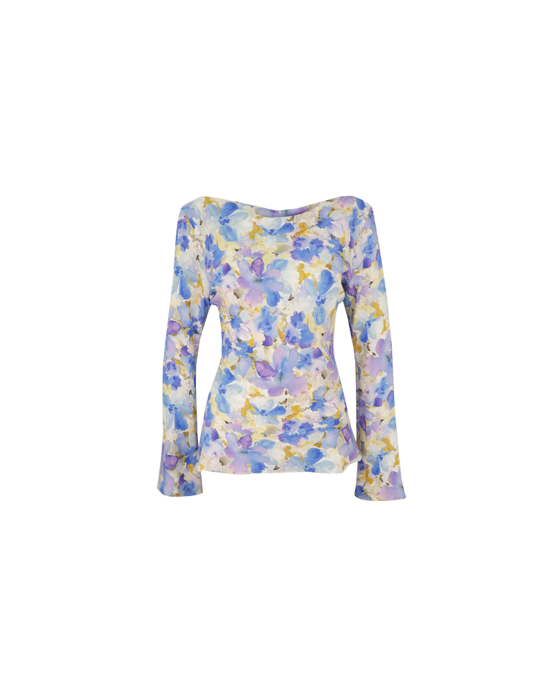 ANDIE LONG SLEEVE BLUEBERRY FLORAL | Crepe blouse with flared sleeves, designed in our RUBY blueberry floral. This top has a cowl neckline and tie detail at the waist.