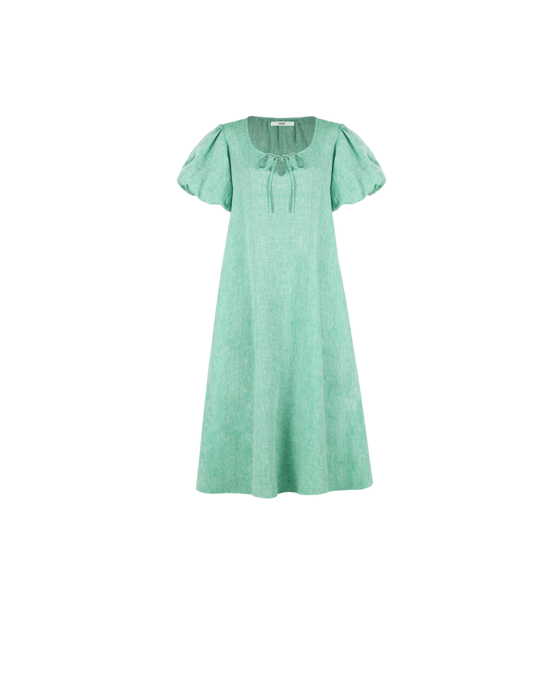 ANGEL LINEN MAXI DRESS GREEN MARLE | Relaxed fit maxi dress with elasticated puff sleeves and a tie neckline with a keyhole detail. Crafted in an airy linen the puff sleeves add a romantic feel to this...