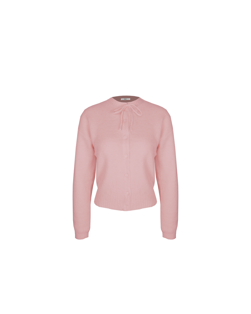 ANNIE CARDIGAN PINK | Crew neck cardigan with a button-down placket, designed in a cosy alpaca wool blend. This cardigan comes with a detachable bow-tie, to style on the cardigan through the buttonhole, in...