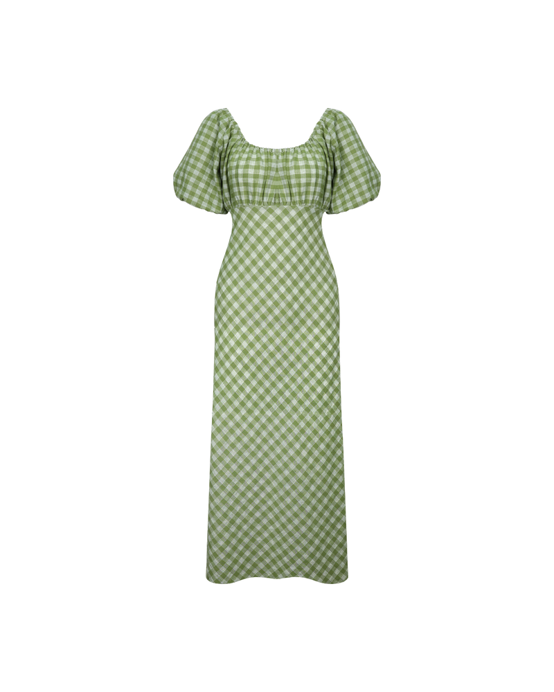 APPLE MIDI DRESS APPLE GINGHAM | Puff sleeve midi dress designed in an apple gingham fabric. This dress has a gathered bodice and falls to a bias cut skirt and can be worn on or off...