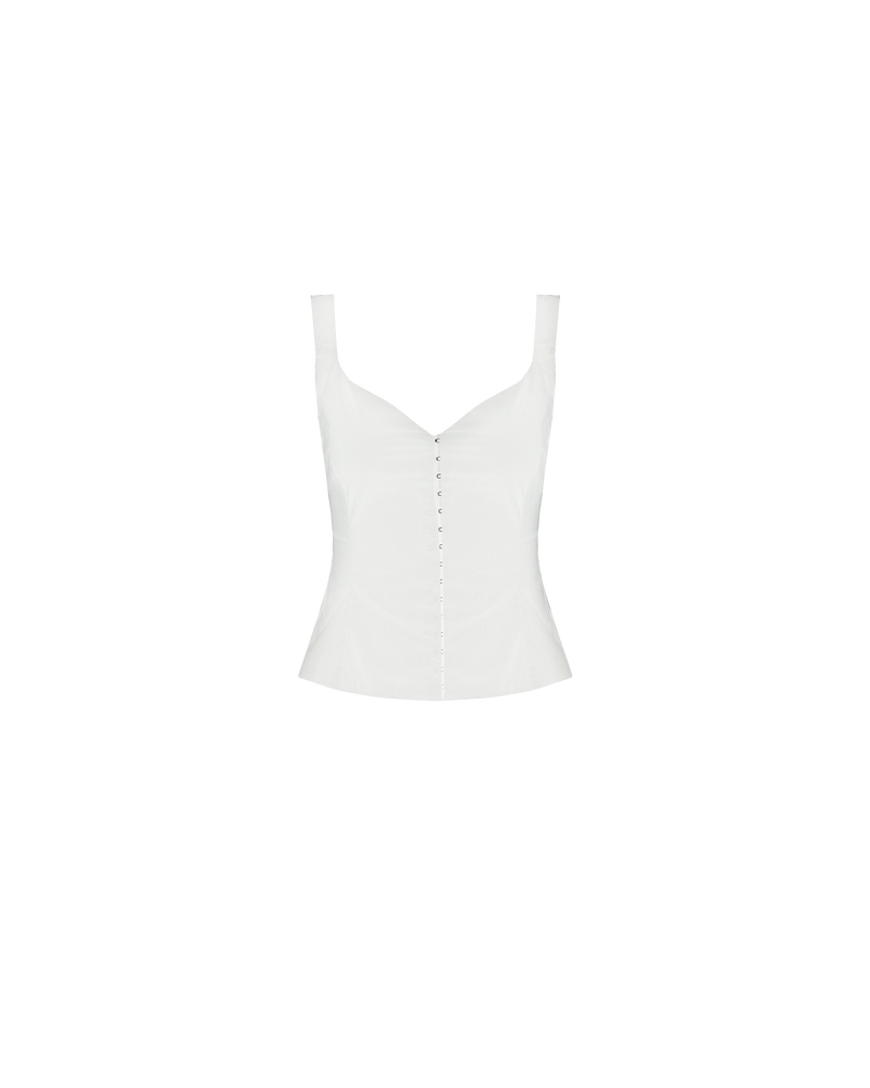 ARIEL BODICE WHITE | This piece features a flattering v-neck and a body-hugging silhouette, while a hint of spandex ensures a perfect fit. Hook-and-eye closures runs up the front which elevate this simple and timeless...