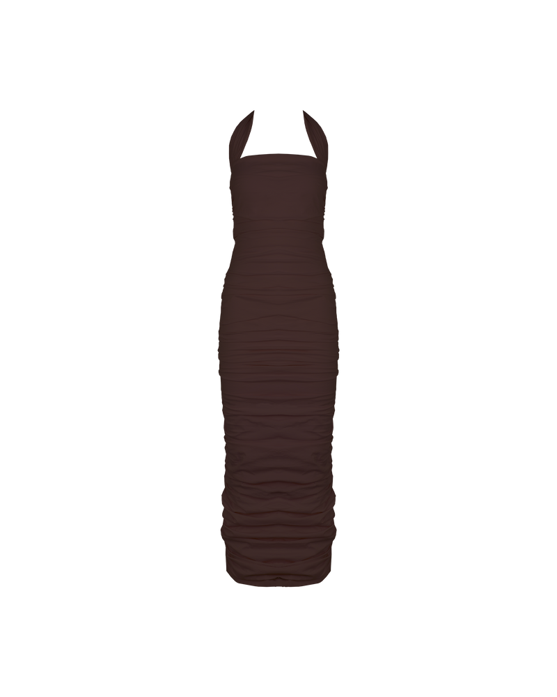 ARIEL HALTER DRESS JAVA | Crafted in a java coloured cotton, this dress features a halter neck and ruching down the side seams for a pleated look throughout. 