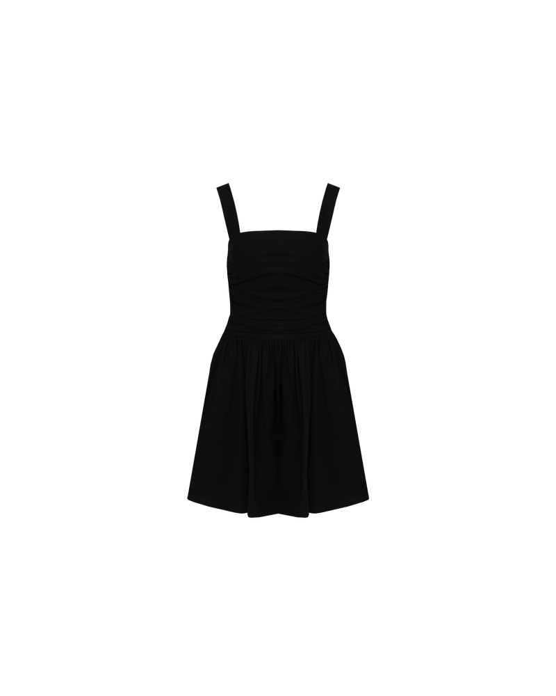 ARIEL MINIDRESS  BLACK | Sleeveless black cotton dress with a ruched body. This dress has a dropped waist that falls to a full gathered mini skirt.