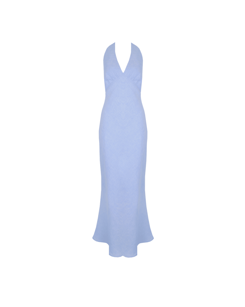 AVA LINEN HALTER DRESS BLUE MARLE | Bias cut maxi halter dress cut in a crisp blue linen. It's all in the details with this one, a long wide tie, bust shaping and backless shape make this the...