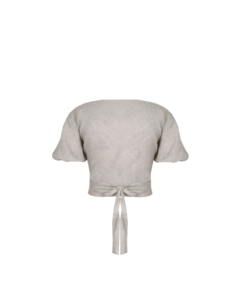 AVALON LINEN BLOUSE NATURAL | Cropped wrap blouse crafted in a light weight natural coloured linen. Tie this piece at the back for a low bow feature or crossed over with the tie detail at...