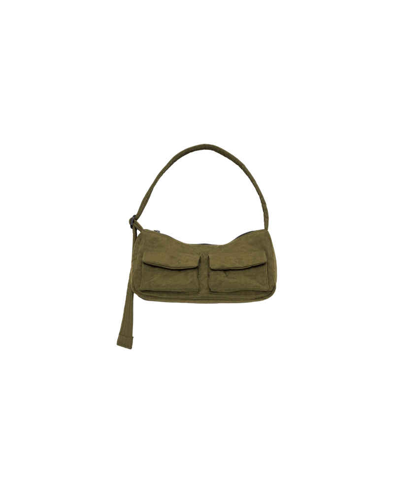 CARGO BAGUETTE BAG SEAWEED | Cargo style shoulder bag designed in a baguette shape. Has two outer pockets and an adjustable feature 'BAGGU' strap.