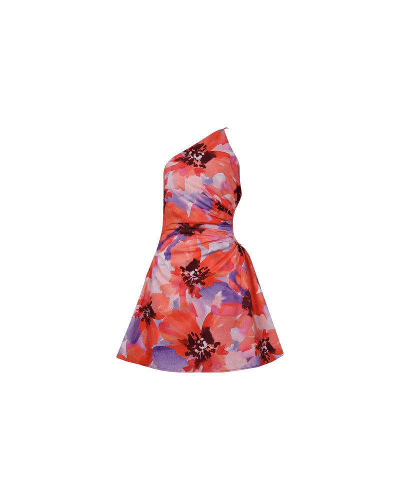 BETTINA CUT OUT MINI DRESS POPPY FLORAL | Asymmetrical one shoulder mini dress with a circular cut-out at the waist, designed in a striking red and purple poppy floral. This dress is designed to be a stand-out.