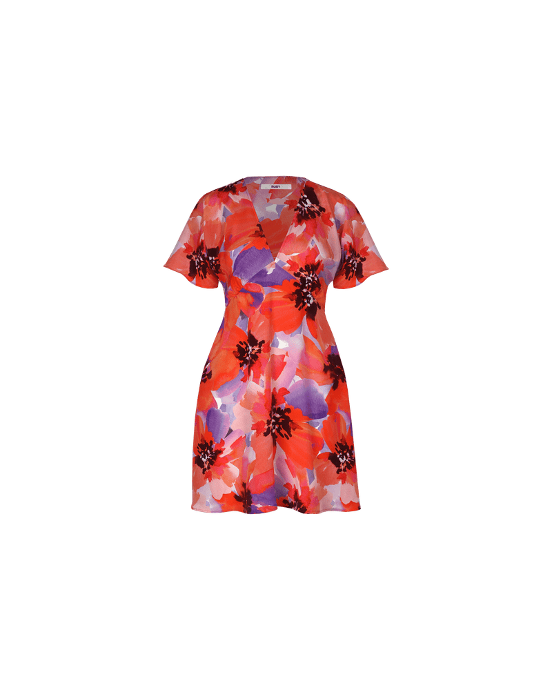 BETTINA SILK MINI DRESS POPPY FLORAL | A Rubette favourite now imagined in a striking red and purple poppy floral silk. Features a V-neck neckline with short fluted sleeves. A seam detail under the bust and a...