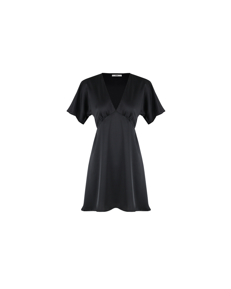 BETTINA SATIN MINI DRESS BLACK | V-neck mini dress with short flute sleeves in a lush black satin. Seam detail under the bust and a waist tie means this dress fits to perfection.