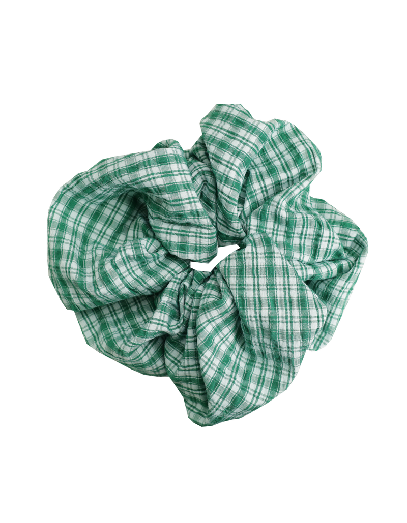 BETTY SCRUNCHIE GREEN AQUA CHECK | Oversized scrunchie made from the offcuts from our Sequence 2024 collection.