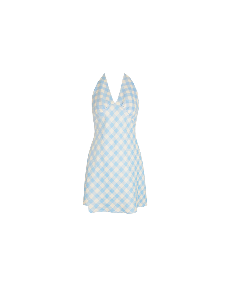 MORGAN LINEN MINI DRESS BLUE LINEN GINGHAM | Halter linen mini dress designed in blue and white gingham. Have fun with the styling of this piece by wearing it as a tunic-style top as well as a dress!