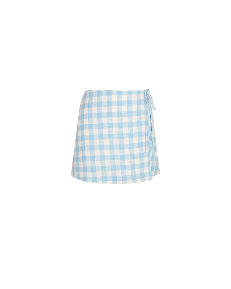 VIDA LINEN MINI SKIRT BLUE LINEN GINGHAM | Linen wrap mini skirt designed in a blue and white gingham. This skirt is versatile in that it can be worn high or low waisted.