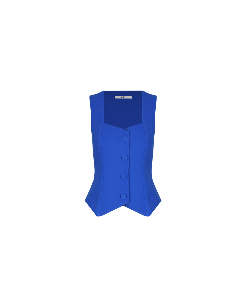SID VEST COBALT | Waist length suit vest with a sweetheart neckline designed in a striking cobalt colour. Featuring paneling down the front and back, this vest is perfect for spring suiting.