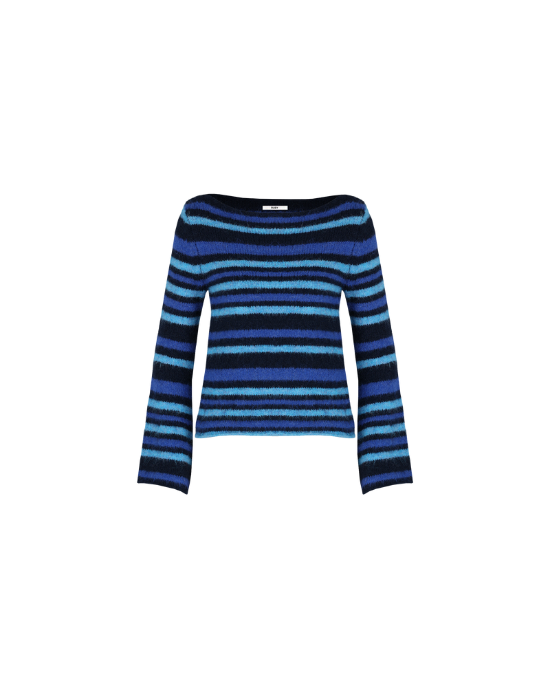 MILO SWEATER BLUE STRIPE | 90's inspired striped sweater knitted in a soft fluffy wool blend. Features flared sleeves and a mid weight which make it great for layering as the weather cools.
