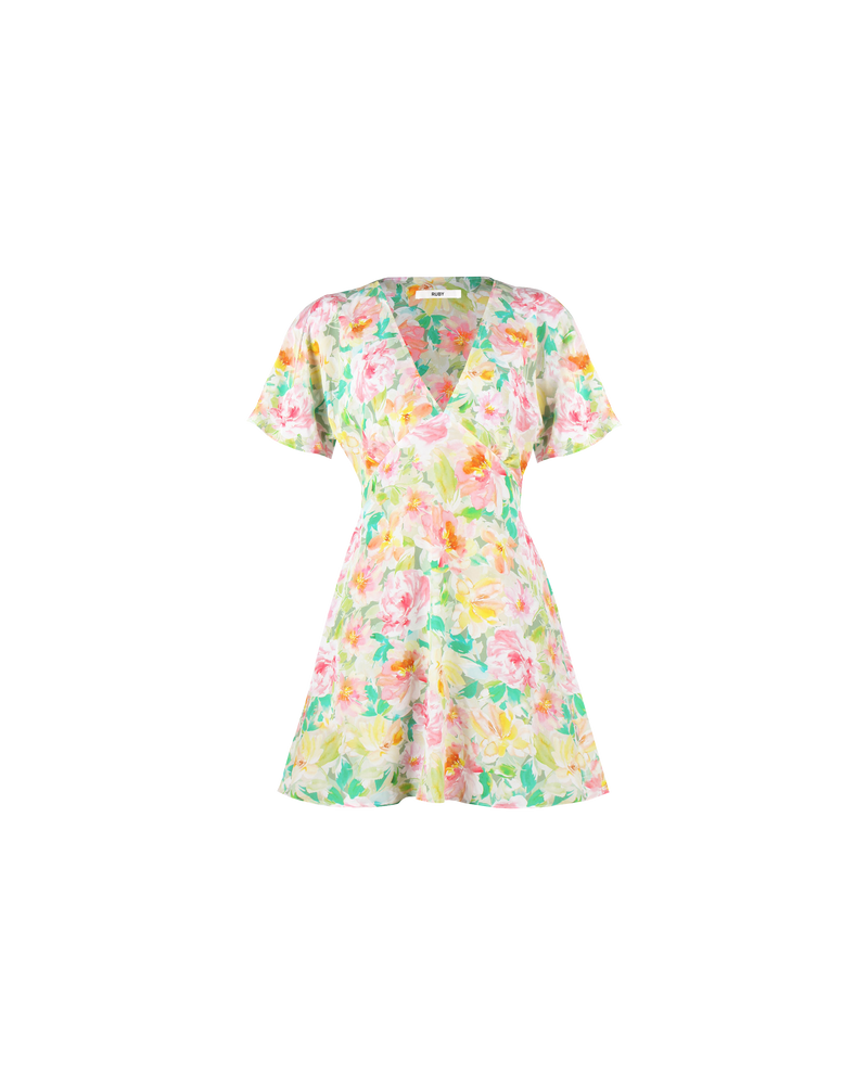 BONNIE SILK MINIDRESS - RENTAL GARDEN | The Bonnie Silk Minidress is a V-neck mini dress in new season Bonnie floral print. It features a fitted bodice with short fluted sleeves. The dress has an invisible zip...