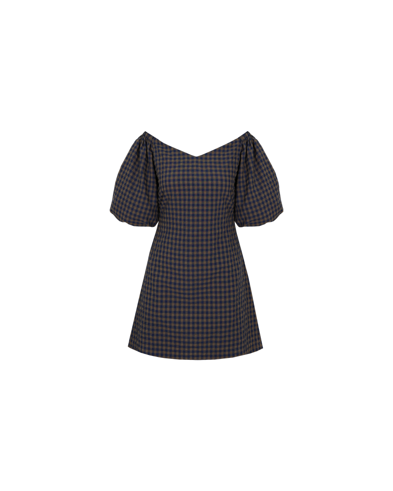 BON GINGHAM MINIDRESS NAVY BROWN GINGHAM | Cotton mini dress cut in a navy and brown gingham with elasticated puff sleeves and a wide v neckline. The sleeves can be worn on or off the shoulder.