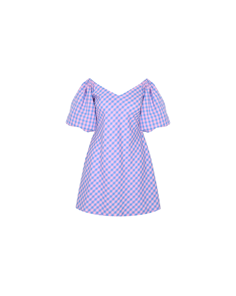 BON GINGHAM MINIDRESS PINKBLUEGINGHAM | Cotton mini dress cut in a pink and blue gingham with elasticated puff sleeves and a wide v neckline. The sleeves can be worn on or off the shoulder.