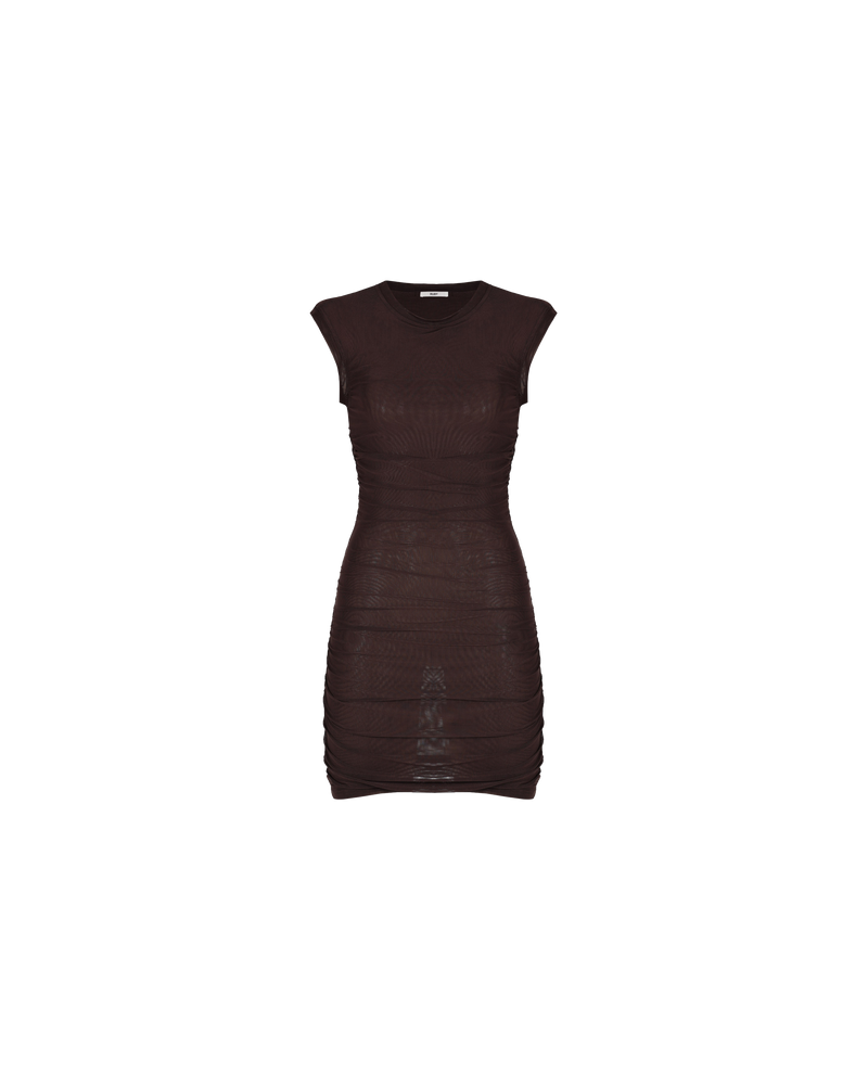 BOUNCE MESH TANK MINIDRESS JAVA | Tank style mesh minidress cut in a rich java shade. Features ruching down both side seams to create texture and shape whilst making you look seriously good.