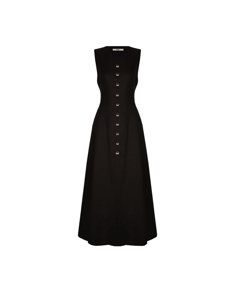 ALIZA LINEN DRESS BLACK | Sleeveless midi dress cut in a black linen. Featuring a round neckline with a button-down front, that finishes with a front split. This dress has waist ties to cinch it...