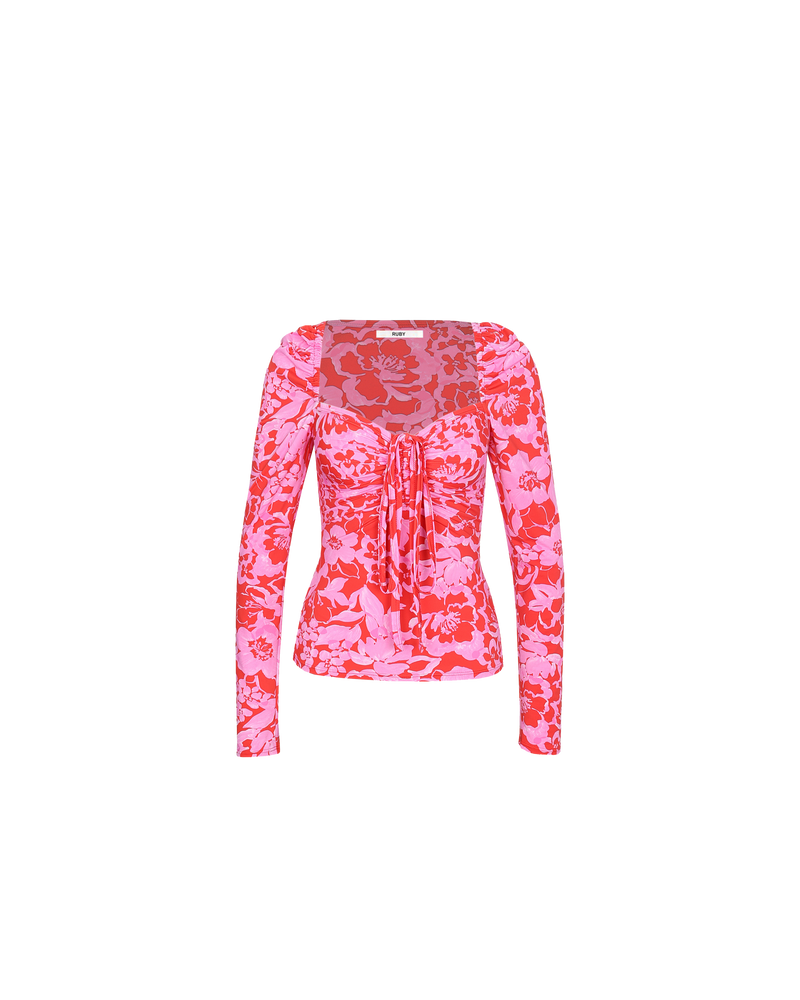 BOBBI TIE LONG SLEEVE  CHERRY FLORAL | Sqaure neck long sleeve knit top designed in a vibrant cherry floral print. A simple staple elevated with the ties that gather down the centre front.