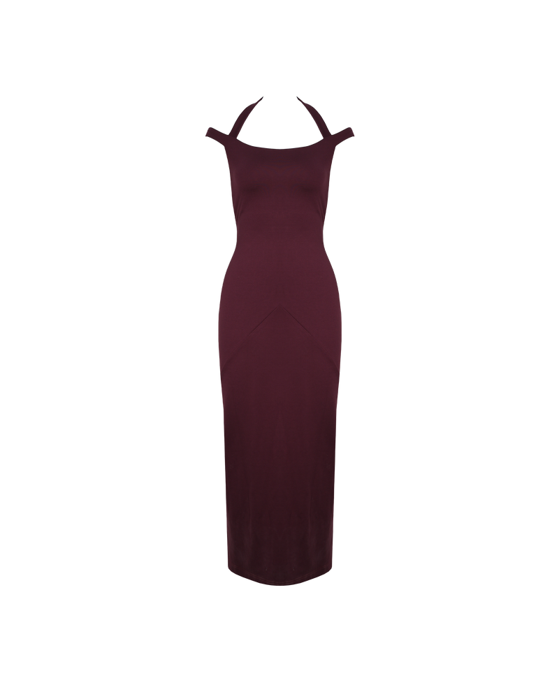 CALVIN DRESS PLUM | 
Sleeveless stretch midi dress with feature halter strap and off shoulder straps. Designed for a close fit, this dress is an elevated wardrobe staple.