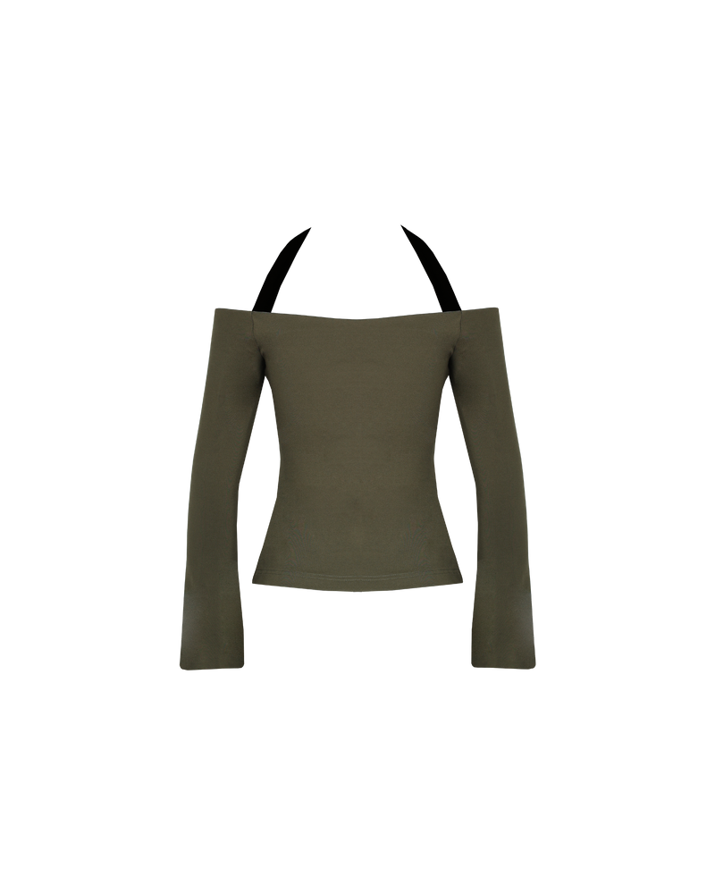 CALVIN LONGSLEEVE TOP KHAKI | Long sleeve stretch top with a feature halter strap and split at the cuff that creates a slight flared cuff look. Designed for a close fit, this top is an...