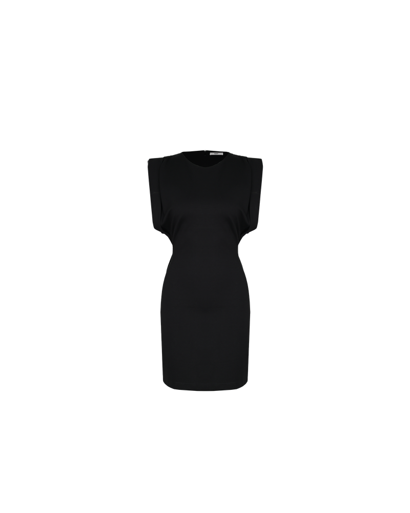 CALVIN MINI DRESS BLACK | 
Capsleeve mini dress designed in a heavy weight knit fabric. Features tucks at the shoulder to create a structured look.