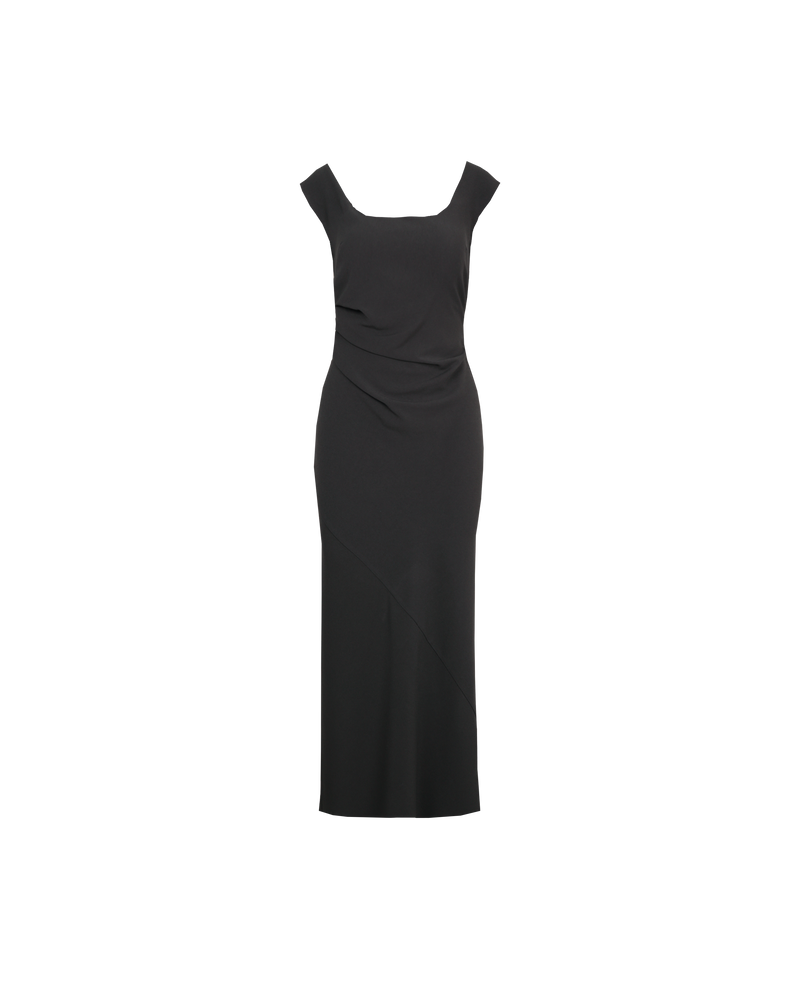 CAMERON DRESS COAL | Cap sleeve midi dress with ruched detailing at the waist which creates shape throughout and a drop back designed in our iconic Firebird fabric. Features a side split for ease of movement.