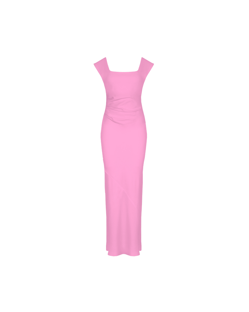 CAMERON DRESS PINK | Cap sleeve midi dress with ruched detailing at the waist, which creates shape throughout. Designed in our iconic Firebird fabric, this dress features a dropped back and a side split...