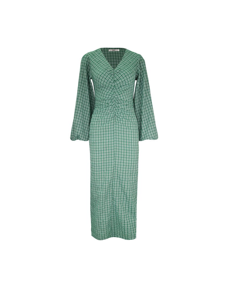 CANARY MIDI DRESS GREEN AQUA CHECK | Long sleeve midi dress with a V-neck designed in an aqua check. This dress features a gathered seam down the centre front, that creates ruching around the body.