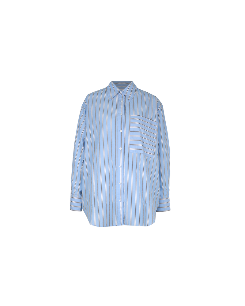CASH SHIRT BLUE STRIPE | Relaxed longsleeve sleeve cotton bowler shirt designed in blue striped cotton. This shirt features an oversized pocket with RUBY embroidery on it, to keep things fresh. Pair with the Cash Short for the ultimate summer...