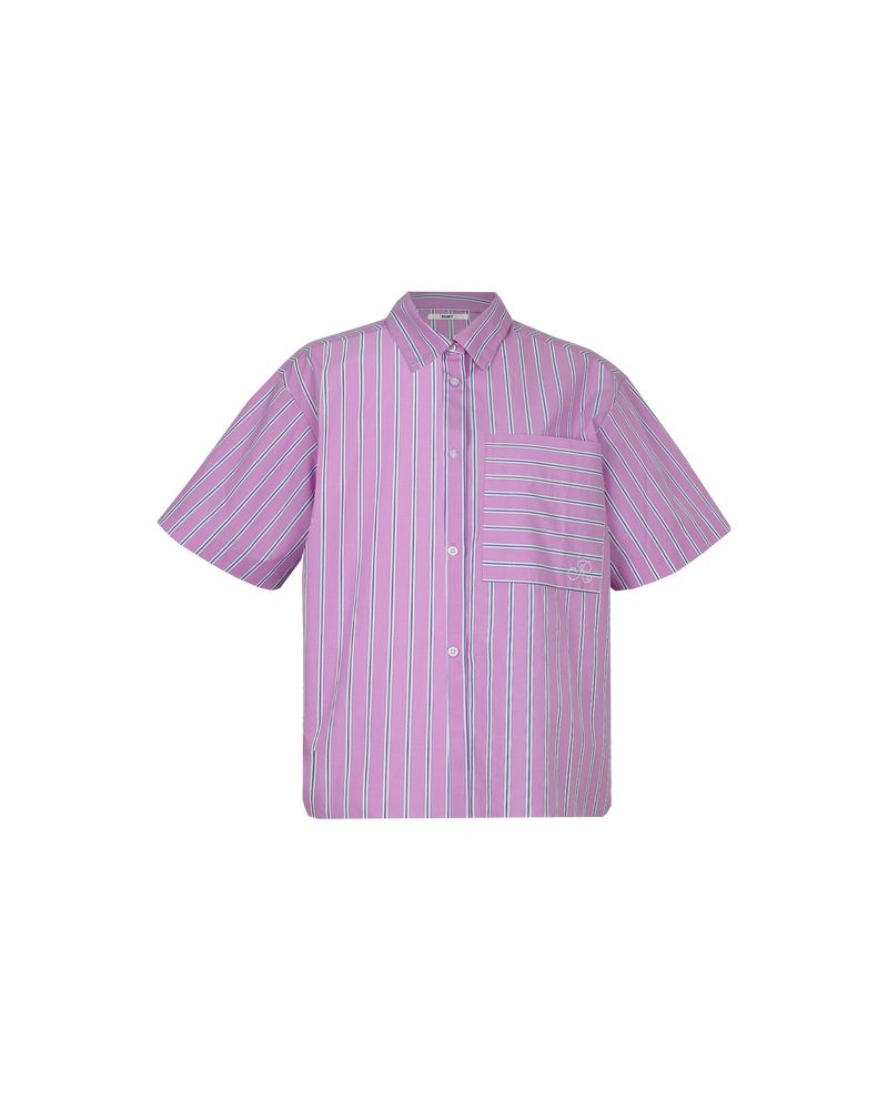 CASH BOWLER SHIRT PINK STRIPE | Relaxed short sleeve cotton bowler shirt designed in a pink, navy and white striped cotton. This shirt features an oversized pocket with RUBY embroidery on it, to keep things fresh. Pair...
