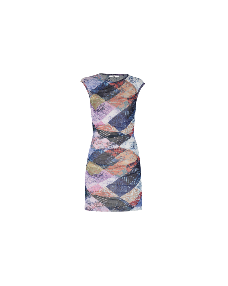 CHAPELLE MESH MINIDRESS PATCHWORK | Tank style mesh minidress cut in our RUBY patchwork print. Features ruching down both side seams to create texture and shape whilst making you look seriously good.
