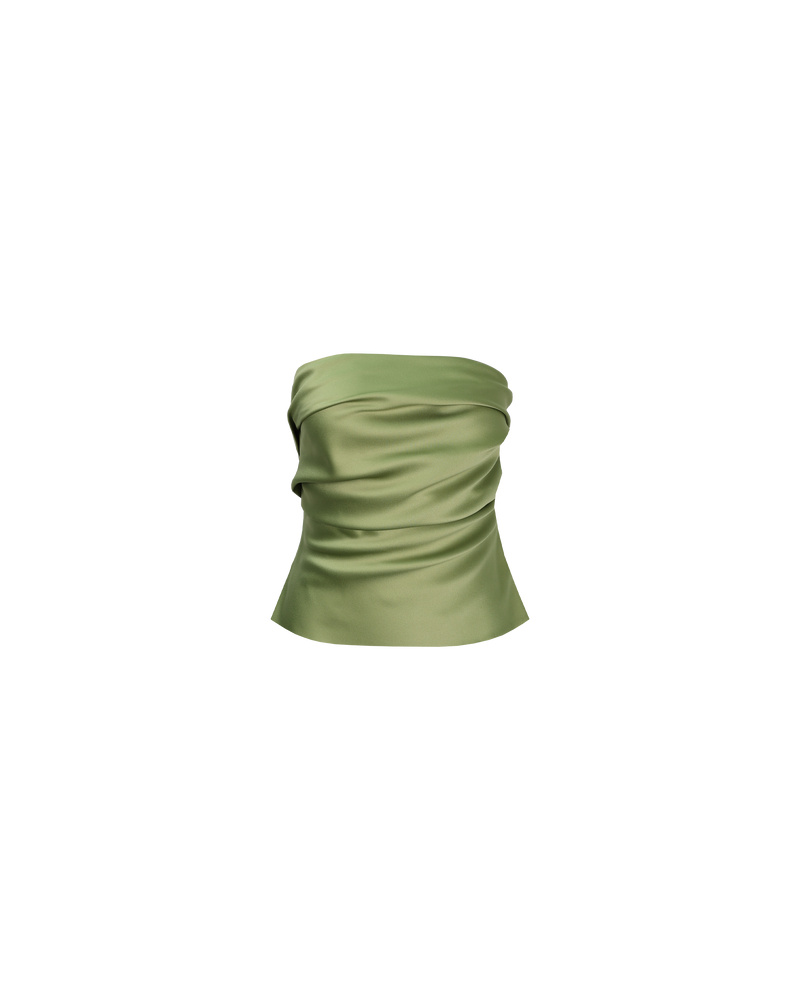 CHER SATIN BODICE OLIVE | Strapless bodice with tucks at the seams which creates a pleated detail down the front, crafted in an olive coloured satin that adds to the structure of the piece. This...