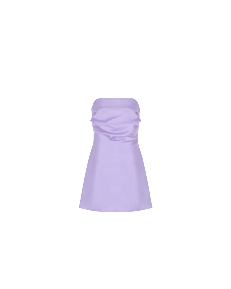 CHER SATIN MINIDRESS  LILAC | This minidress has a fitted bodice, with tucks crossing the bust, falling to mid-thigh. Cut in a sheeny lilac satin, enter the Cher Minidress.