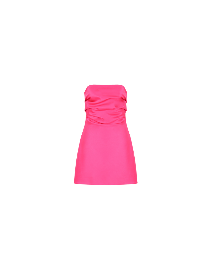 CHER SATIN MINIDRESS SUPER PINK | This minidress has a fitted bodice, with tucks crossing the bust, falling to mid-thigh. Cut in a super pink sheeny satin, enter the Cher Minidress.