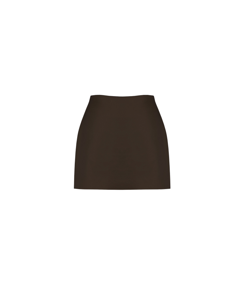 CHER SATIN MINI SKIRT JAVA | Highwaisted mini skirt, in an espresso coloured satin. Calling to mind the miniskirts of the 90's, this piece was inspired by Cher from 'Clueless'. 