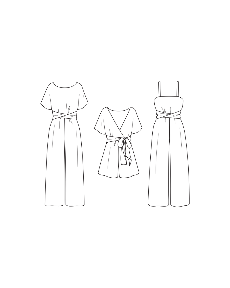 CHLOE PATTERN | The Chloe is a relaxed fit pantsuit or playsuit with wrap top or thin strap bodice, this pattern includes 3 different variations. Available to purchase in a pdf form of...