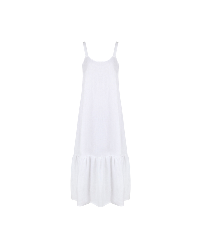 CITRUS MAXI DRESS WHITE | Relaxed loose fitting linen maxi dress featuring a low back, ruffle hem detail and wide straps. Designed to be floaty, this dress is the perfect staple dress.