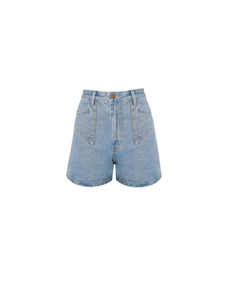 CLOVER DENIM SHORT BLUE | Our classic high waisted denim short in blue, made in a soft washed denim, ready for easy strides and warm weather. It isn't Rubette summer without the Clover Short.