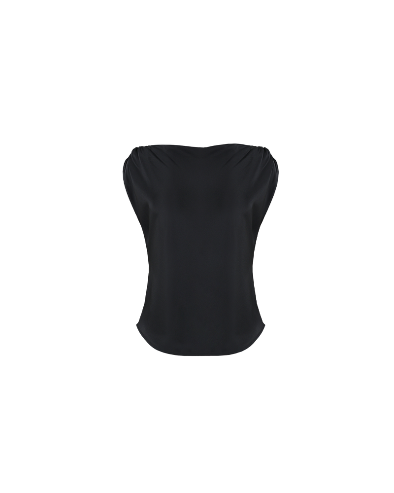 CURTIS SLEEVELESS BLOUSE BLACK | Bias cut cap sleeve blouse crafted in a lush black satin. This piece has ruched detail at the shoulder, a tie to cinch in the waist and a high neckline...