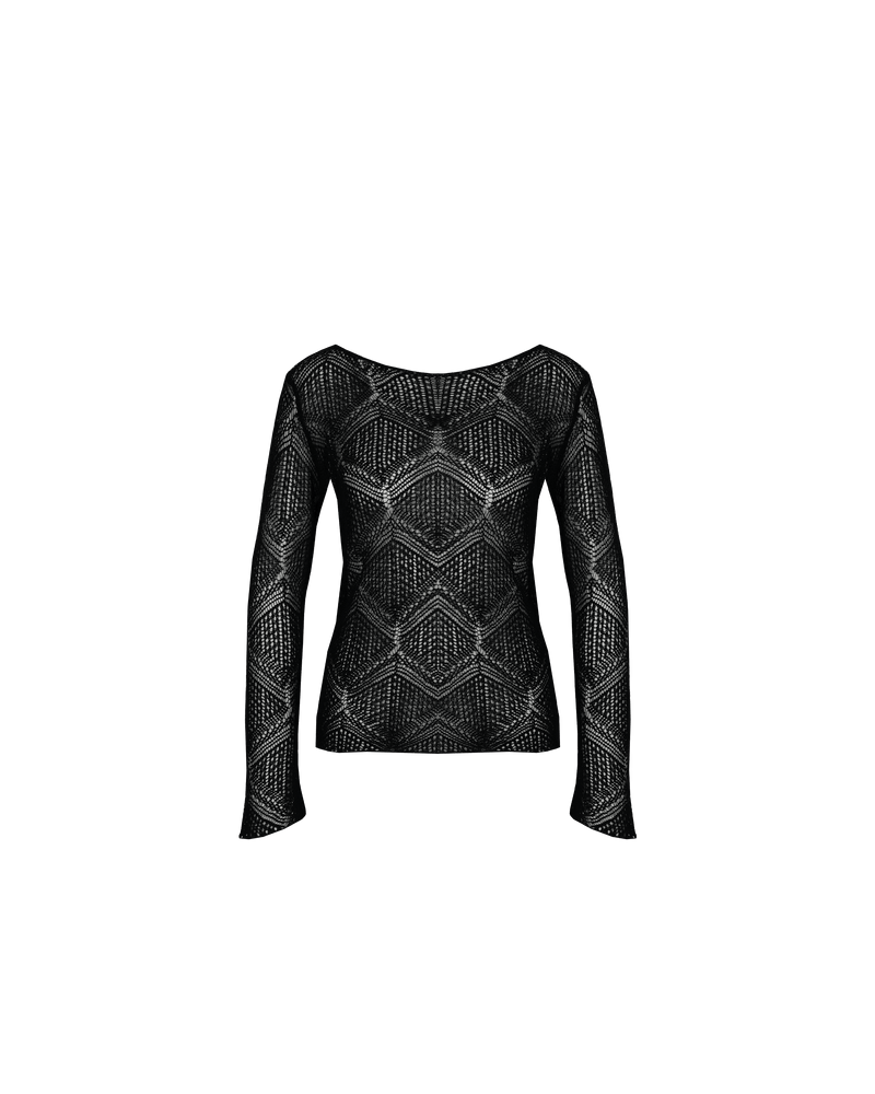 DANI LONG SLEEVE BLACK | Long sleeve pointelle lace top with a high boat neckline. Knitted in a luxe cotton-linen blend, this top is the perfect summer-weight knit.