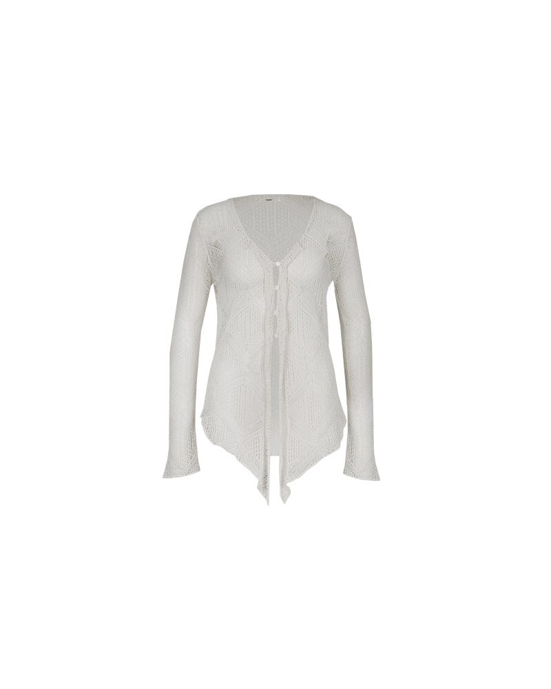 DANI CARDIGAN CREAM | Longsleeve pointelle lace cardigan with a handkerchief hemline. Knitted in a luxe cotton-linen blend, this top is the perfect summer-weight knit.