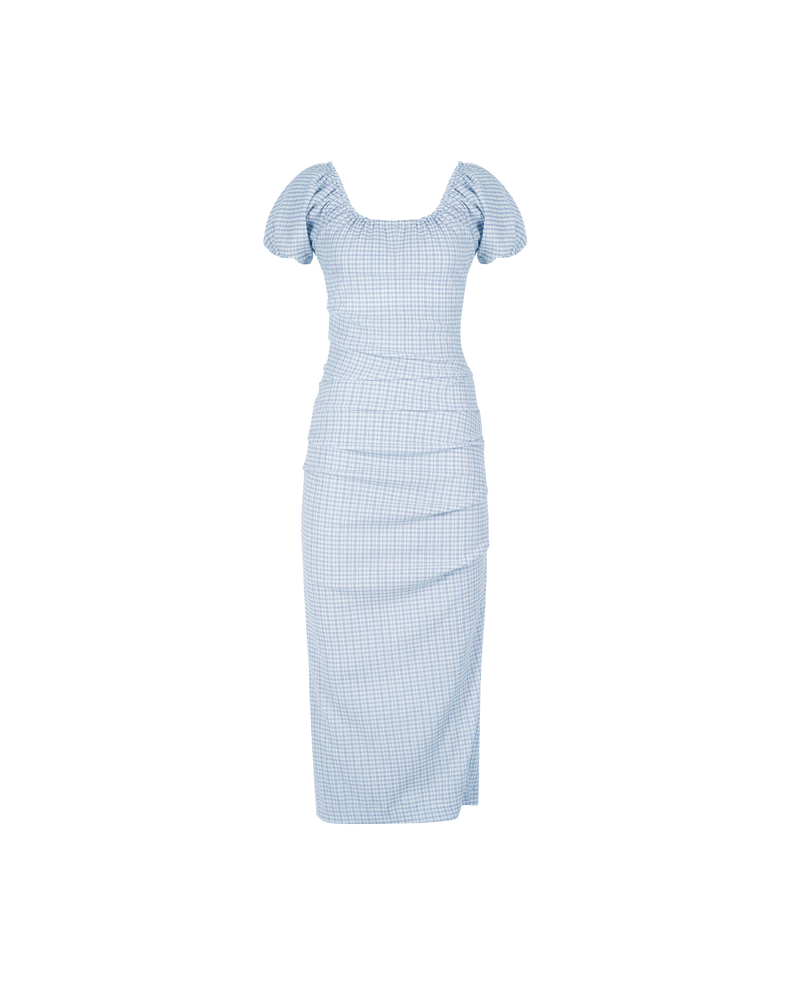 DELPHI GINGHAM DRESS BLUE GINGHAM | Textured gingham midi dress with a subtle side split and elasticated neckline and sleeves. The tucks down the side seam create pleats across the body while the sleeves give you the...
