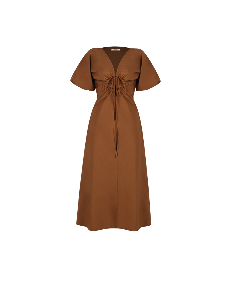 DONOVAN TIE DRESS MOCHA | Cotton A-line midi dress with short batwing sleeves and keyhole opening with a tie detail at the centre neckline. The tie can be used to cinch in your waist, the...