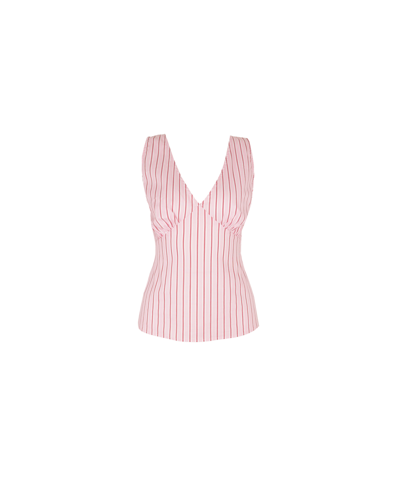 EDDIE TOP PINK RED STRIPE | Fitted sleeveless top designed in a fun pink and red striped shirting fabric. Features a tie detail at the back that can be tied in a bow, and a paneled v-neck...